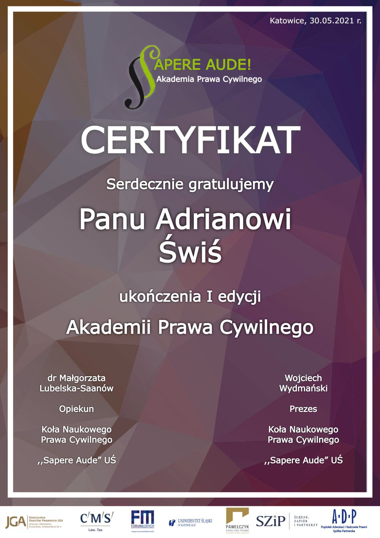 Certyfikat uczestnictwa: Akademia Prawa Cywilnego (I edycja)