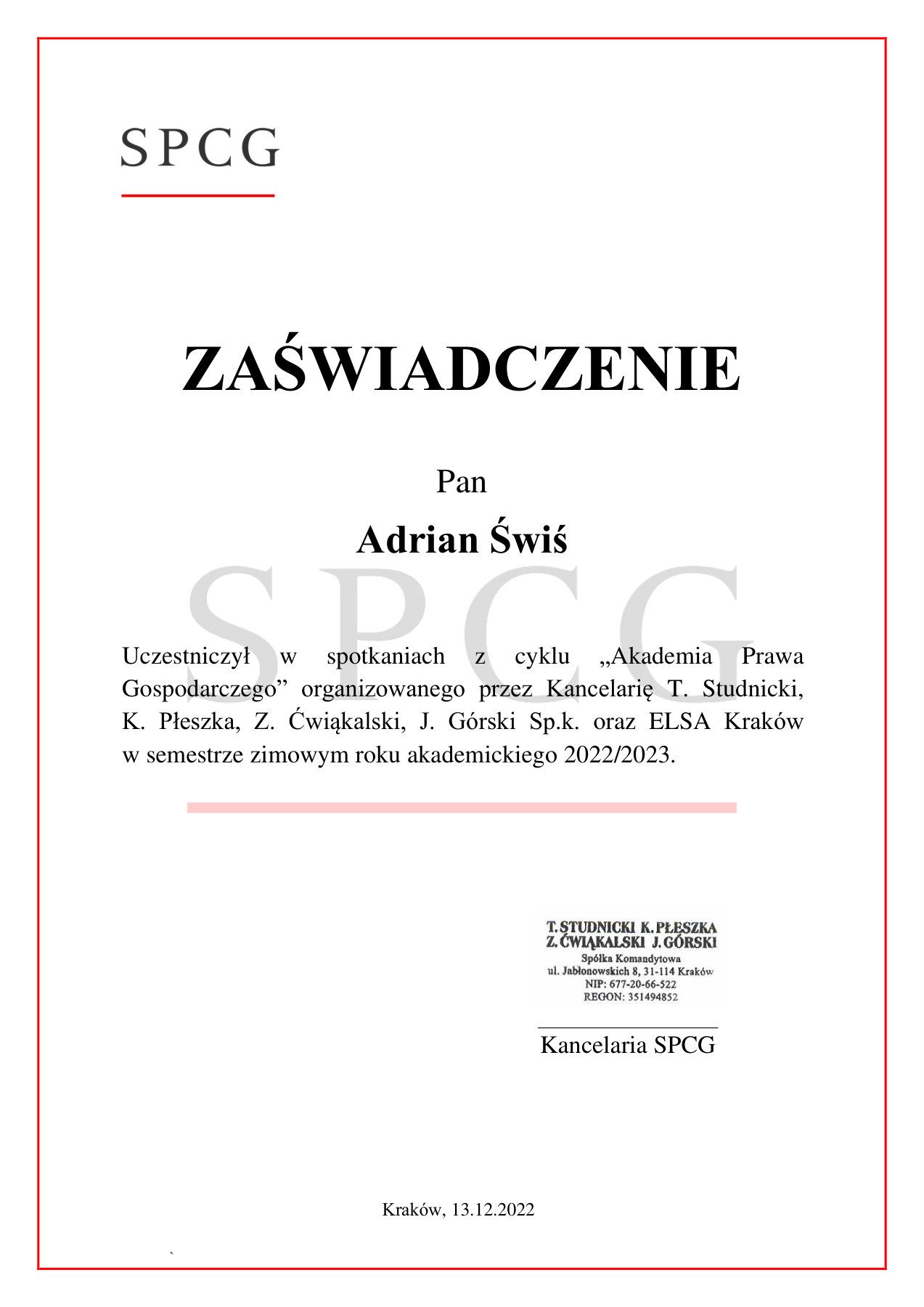 Certyfikat uczestnictwa: Akademia Prawa Gospodarczego