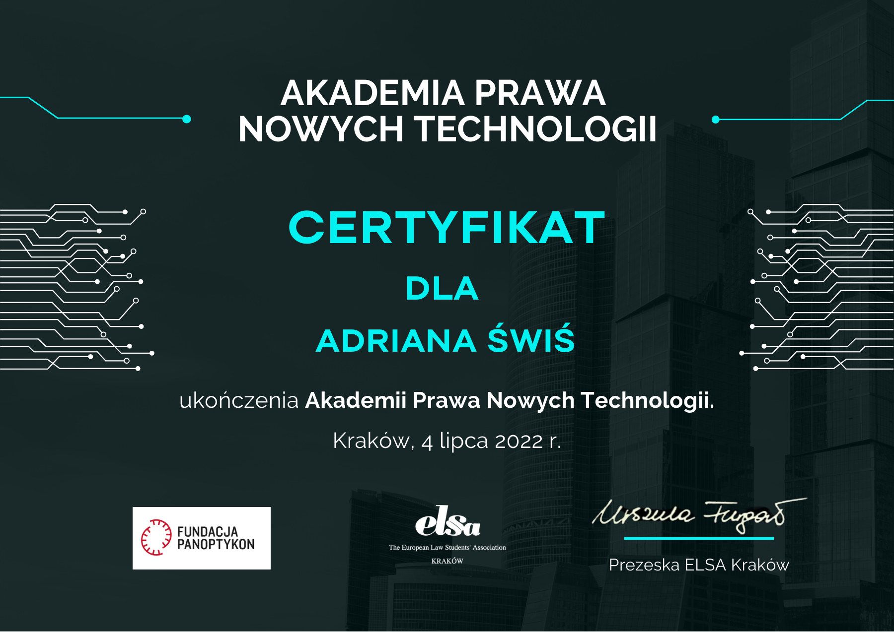 Certyfikat uczestnictwa: Akademia Prawa Nowych Technologii
