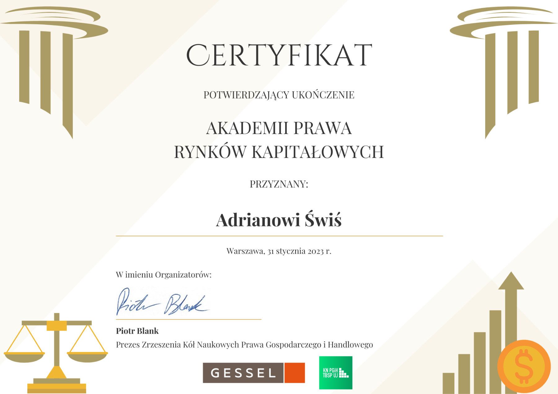 Certyfikat uczestnictwa: Akademia Prawa Rynków Kapitałowych