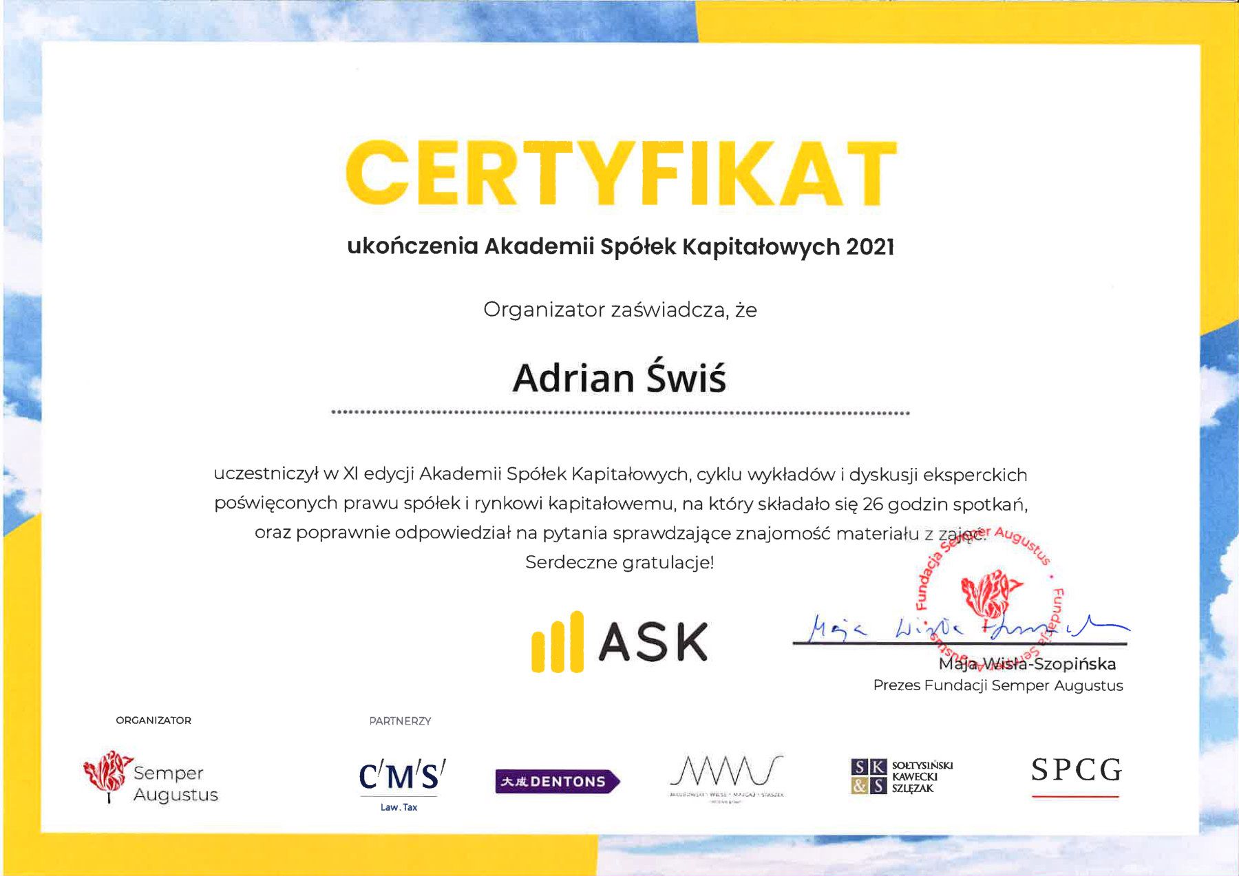 Certyfikat uczestnictwa: Akademia Spółek Kapitałowych