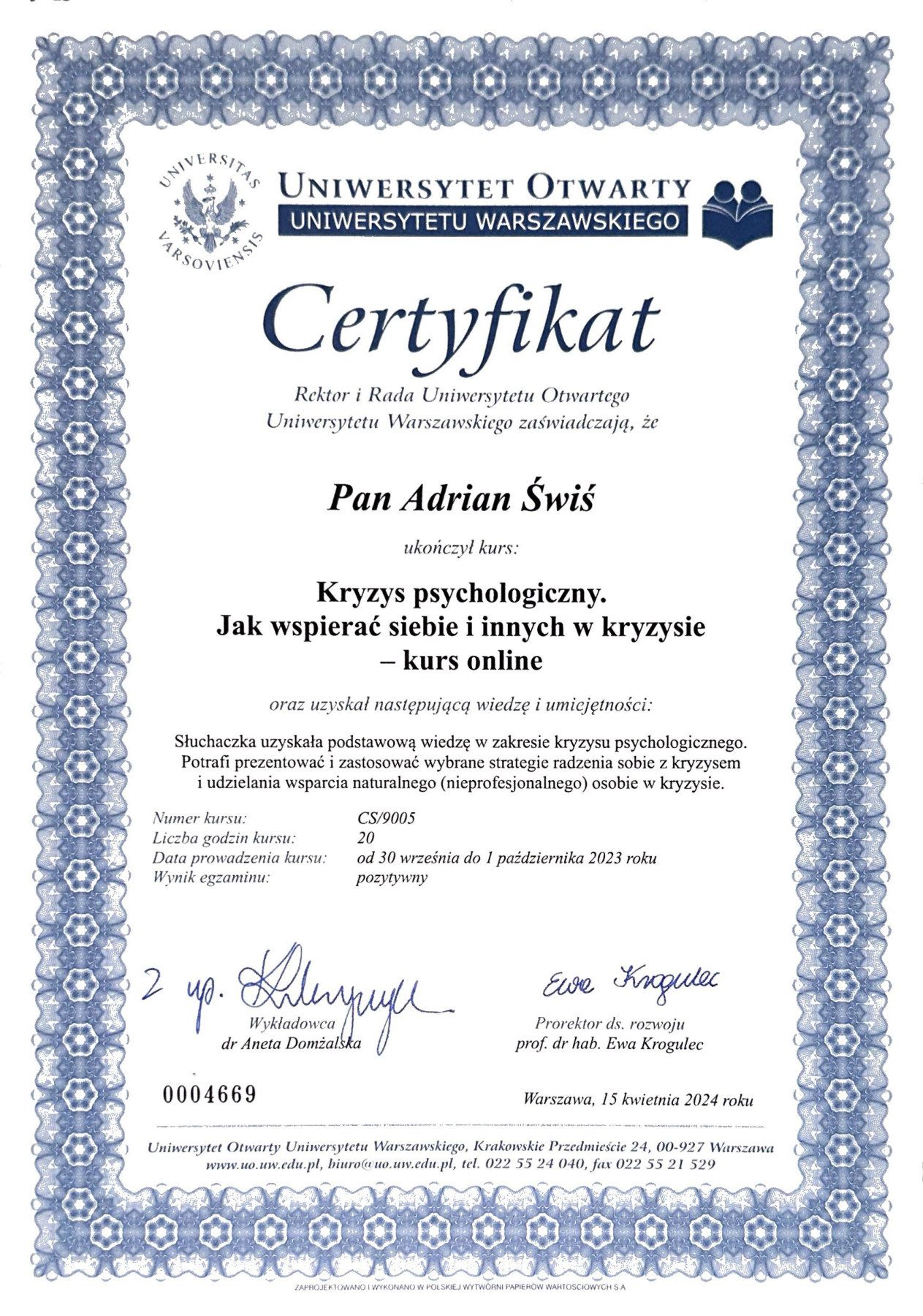 Certyfikat: „Kryzys psychologiczny. Jak wspierać siebie i innych w kryzysie” – kurs online