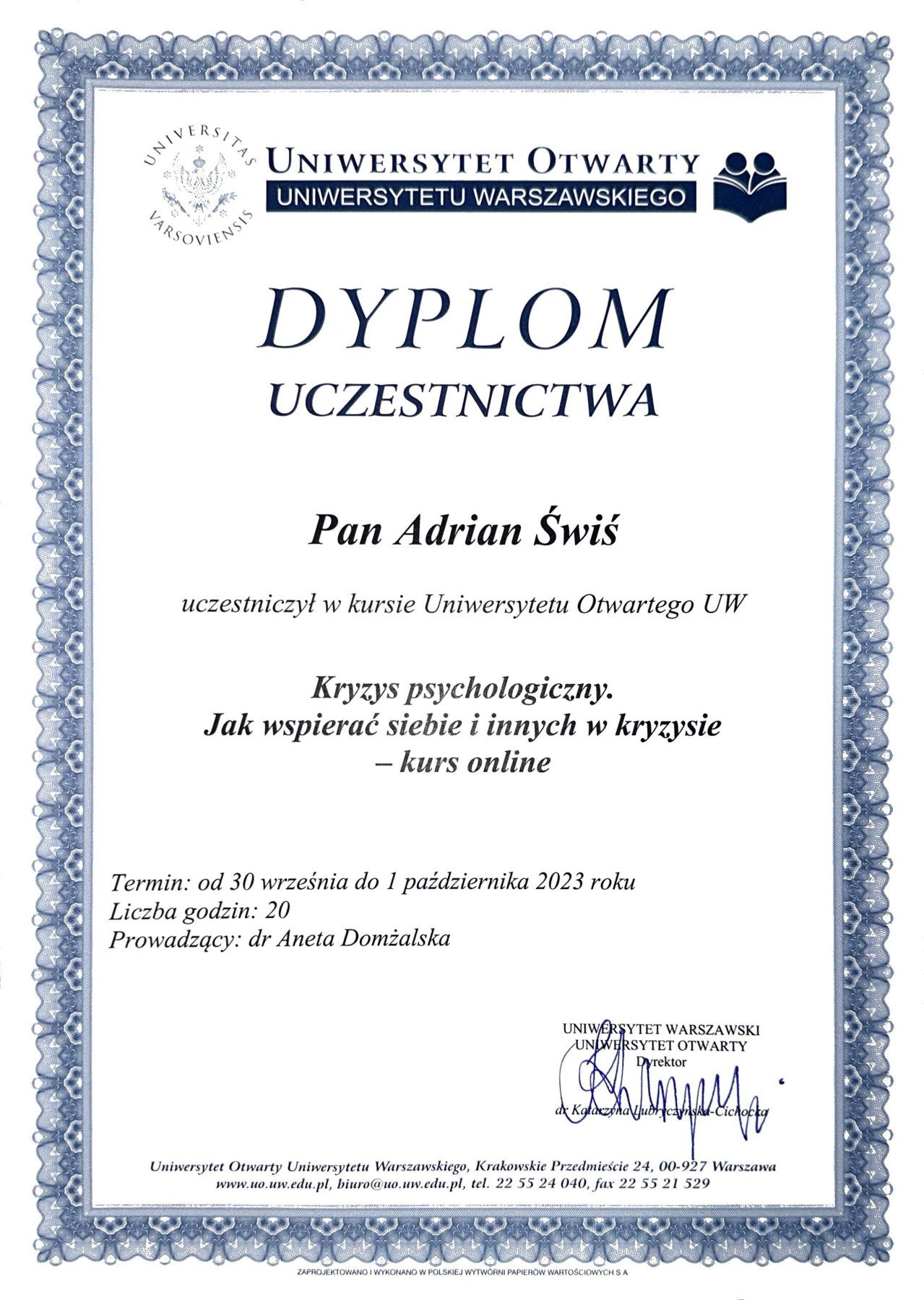 Dyplom uczestnictwa: „Kryzys psychologiczny. Jak wspierać siebie i innych w kryzysie” – kurs online