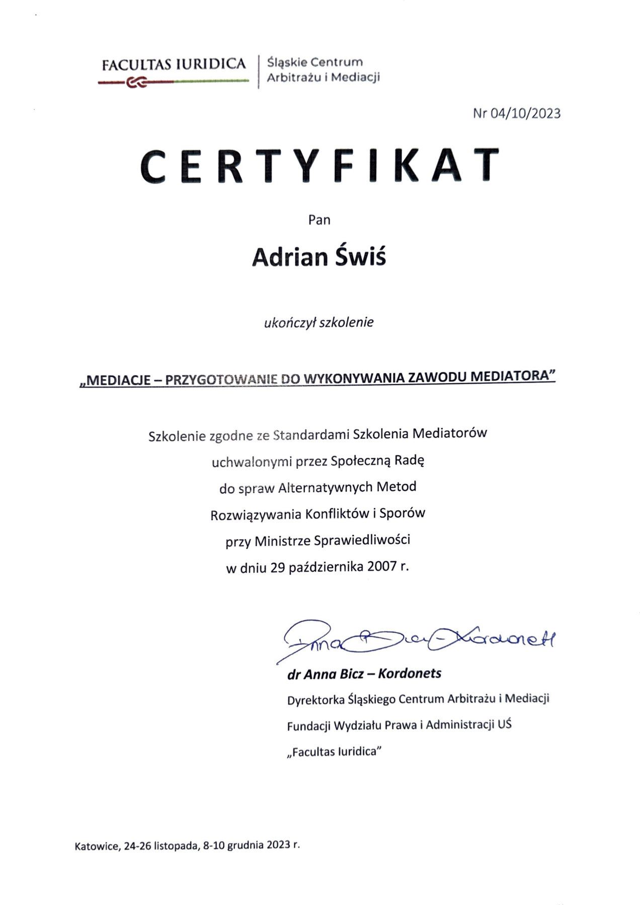 Certyfikat: „Mediacje – przygotowanie do wykonywania zawodu mediatora”