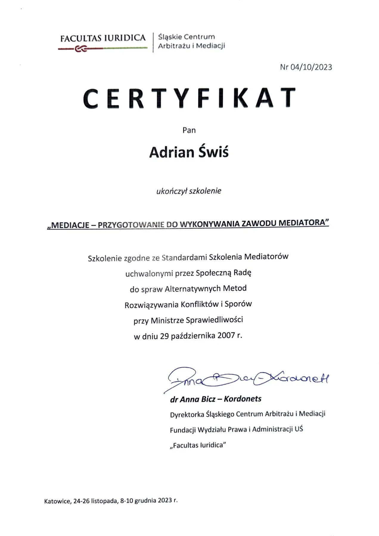 Certyfikat: „Mediacje – przygotowanie do wykonywania zawodu mediatora”