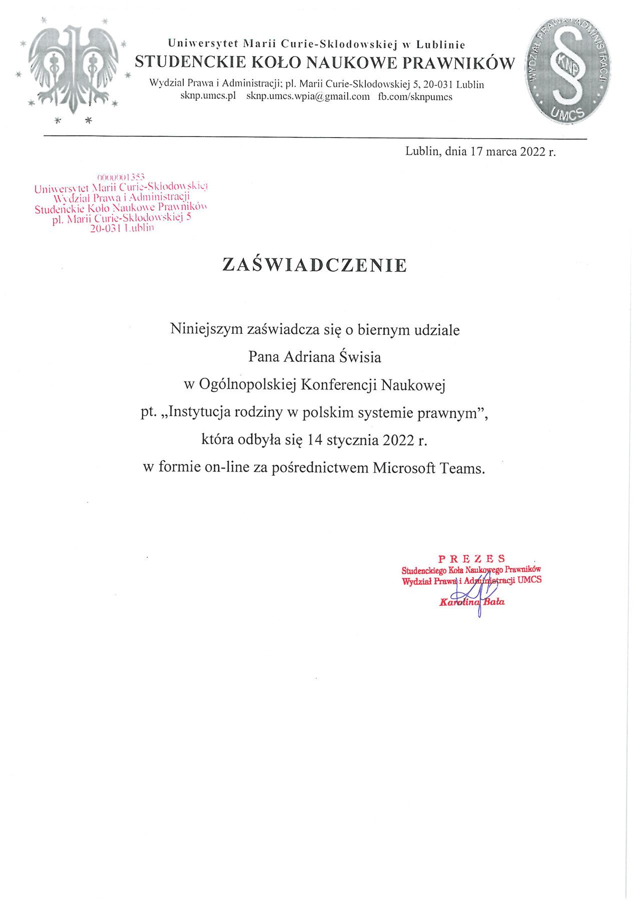 Certyfikat uczestnictwa: Ogólnopolska Konferencja Naukowa „Instytucja rodziny w polskim systemie prawnym”