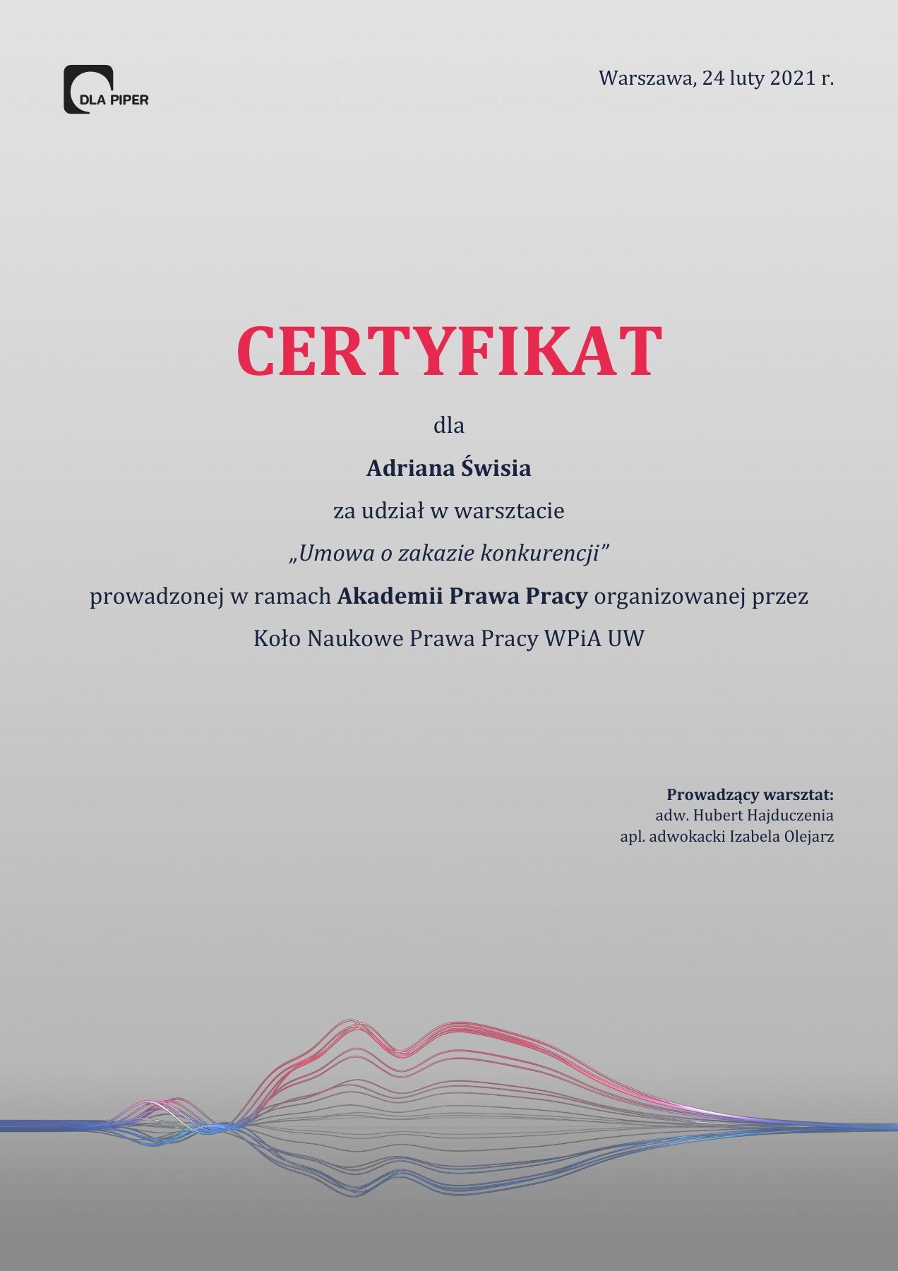 Certyfikat uczestnictwa: Warsztat „Umowa o zakazie konkurencji”