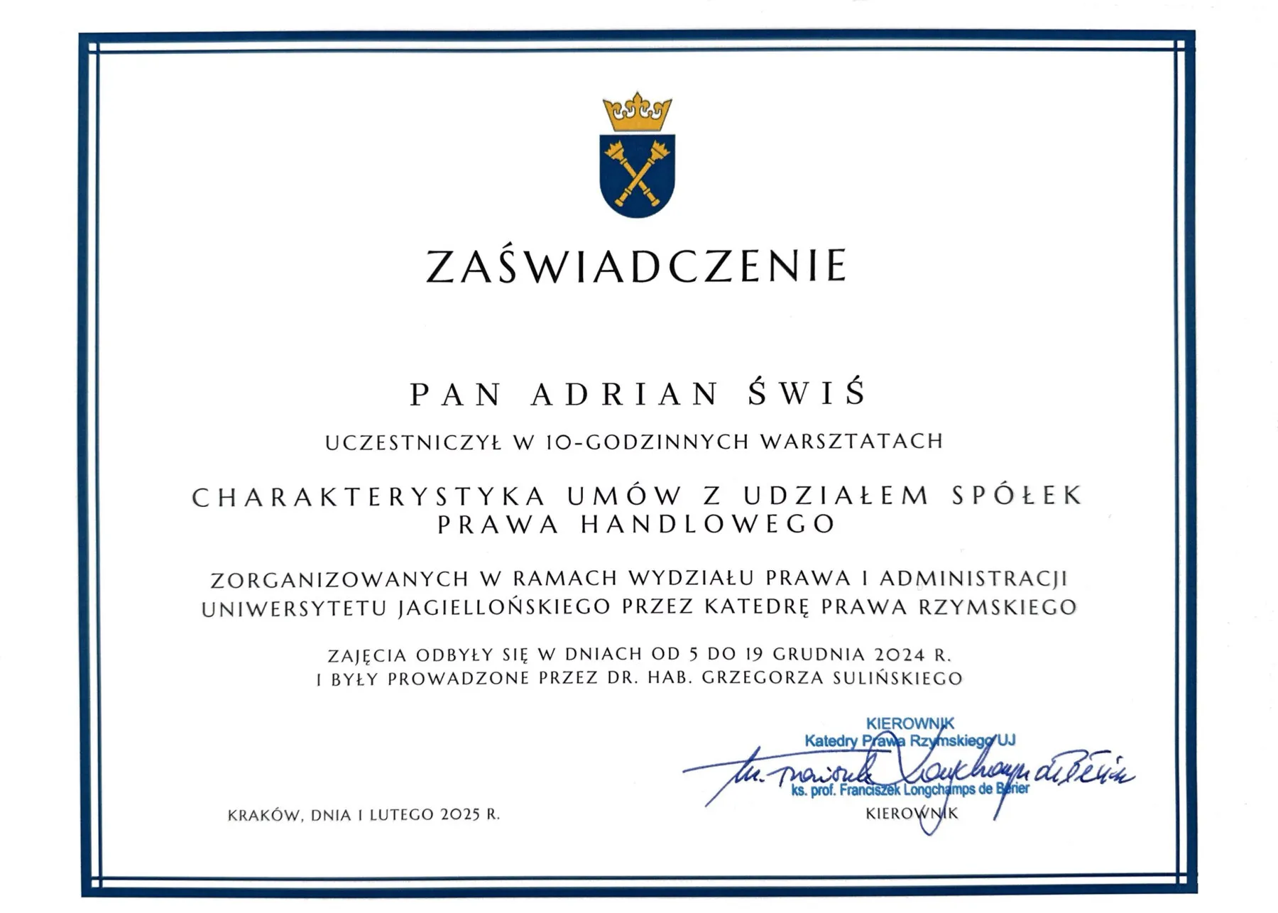 Zaświadczenie udziału: Warsztaty „Charakterystyka umów z udziałem spółek prawa handlowego”